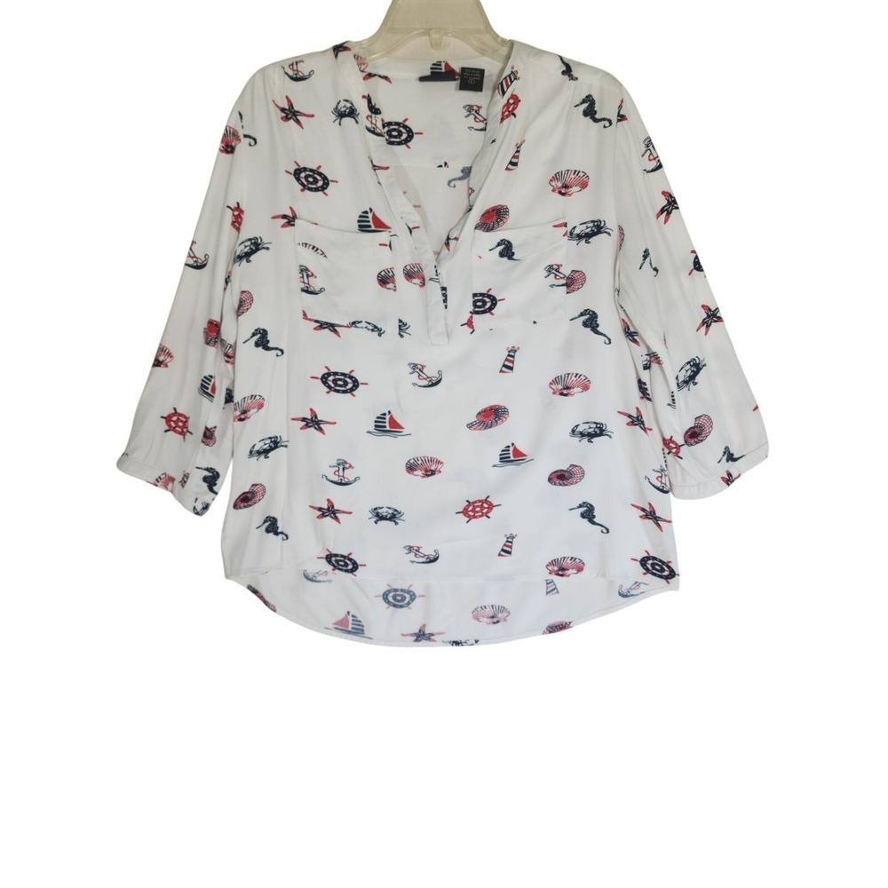 Large Nautical Coastal Rayon Blouse Sailboat Anchor Beachy Lighthouse Travel
